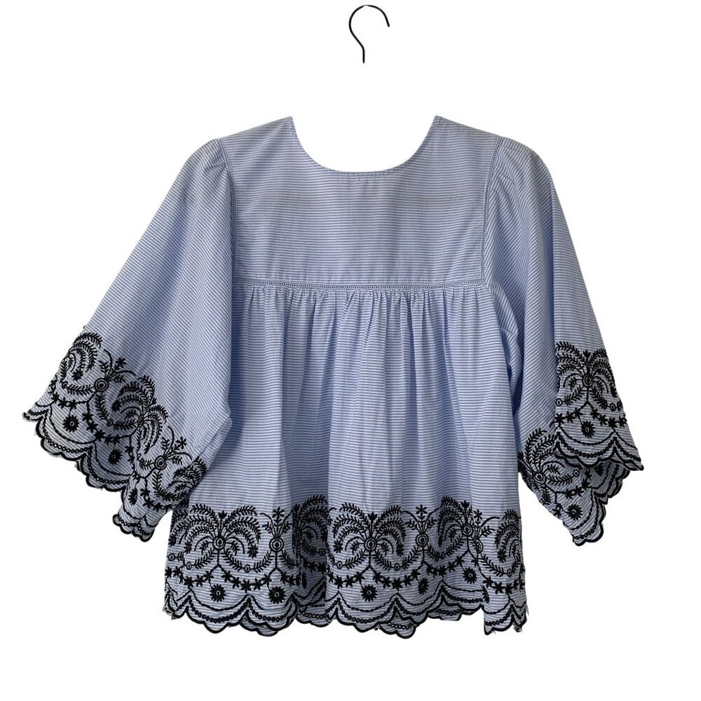 Aiden Size M Blue Striped Cotton Blouse Embroidered Scalloped Hem Bell Sleeves